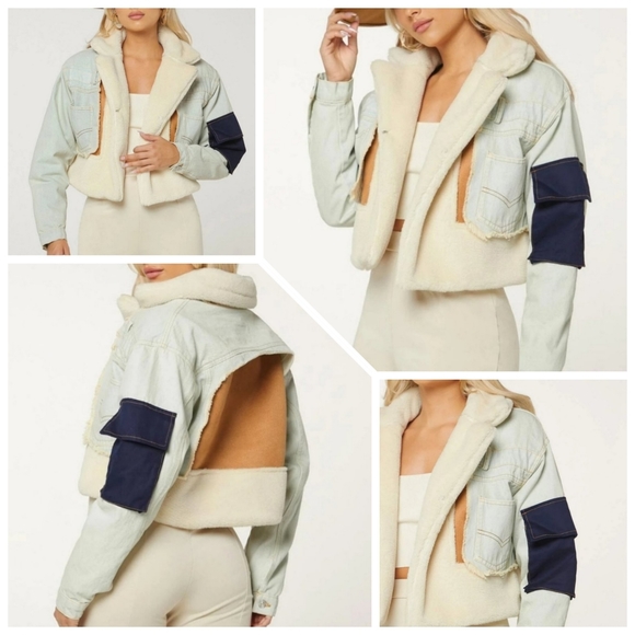 Patchwork Light Wash Denim Jacket Vegan Sherpa & Suede / Teddy Denim Jacket - Picture 10 of 11